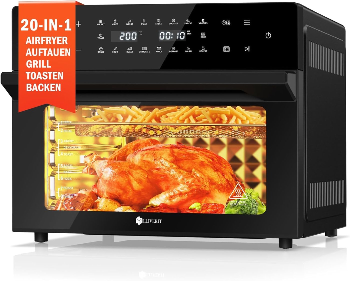 Heißluftfritteuse XXL 30 L mit 20 Programmen und Drehspieß