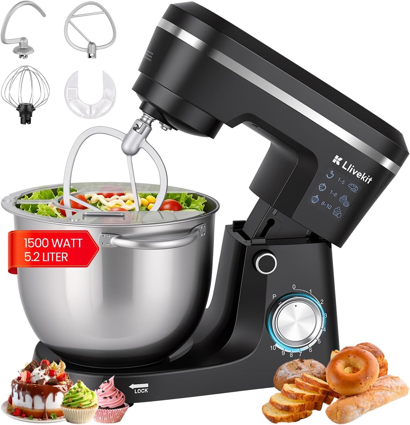Küchenmaschine 1500 W mit 5,2 L Edelstahlschüssel